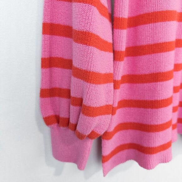LOFT Stripe Textured Split Neck Sweater Womens Medium Pink Burst Cotton Preppy - Picture 7 of 16